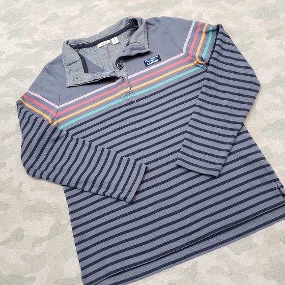 L.L. Bean Rugby Top Womens Medium Blue Long Sleeve Striped - Picture 2 of 11